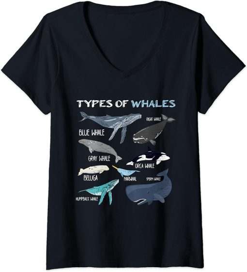 Womens Types Of Whales - Orca Narwhal V-Neck T-Shirt