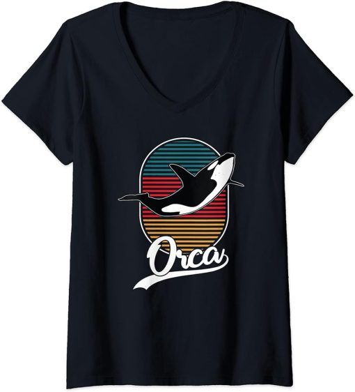 Womens Orca Whales Sharks Ocean Diving Sea Animals V-Neck T-Shirt