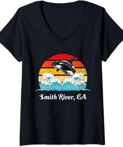 Womens Vintage Smith River CA Distressed Orca Killer Whale Art V-Neck T-Shirt