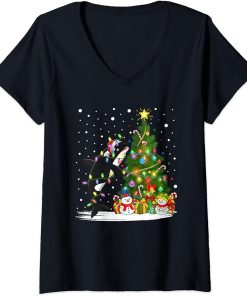 Womens Orca Christmas Tree Lights Pajama Santa Orca Lover Xmas V-Neck T-Shirt