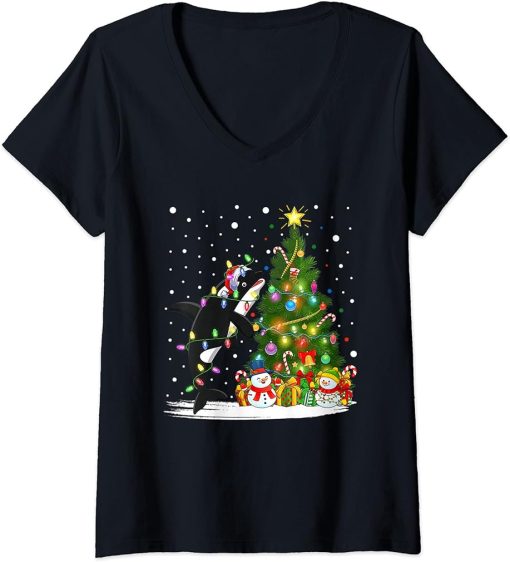 Womens Orca Christmas Tree Lights Pajama Santa Orca Lover Xmas V-Neck T-Shirt