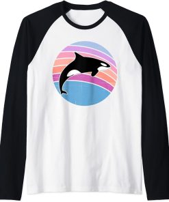 Orca Family Vintage Retro Art, Killer Whale Family Raglan Baseball Tee