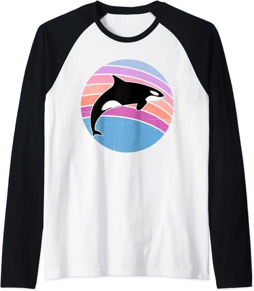 Orca Family Vintage Retro Art, Killer Whale Family Raglan Baseball Tee